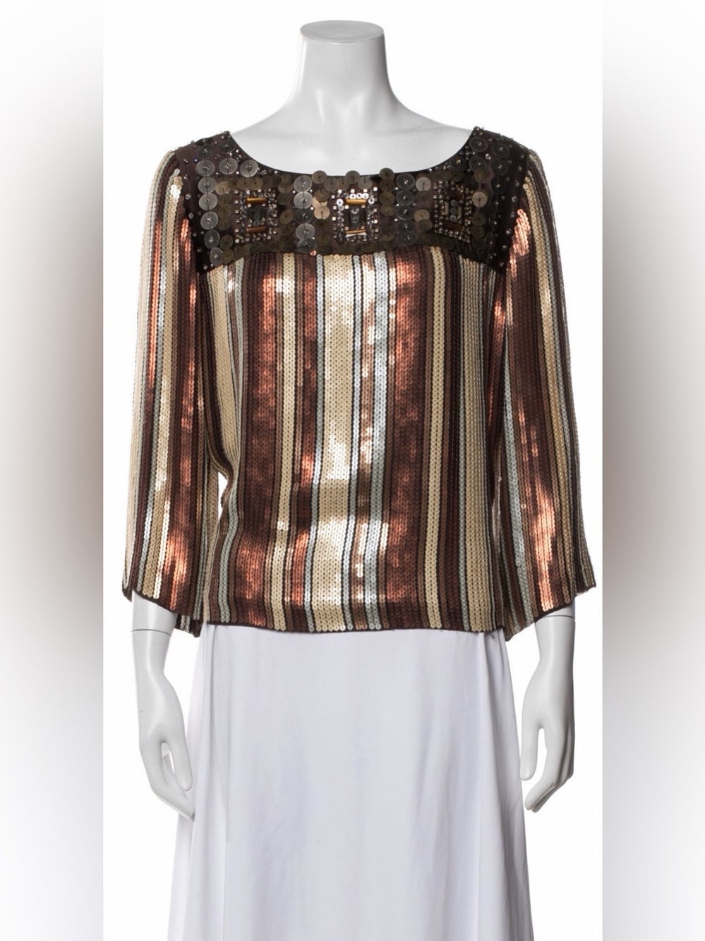 Badgley Mischka 100% Silk Sequin Embellished Blouse Top Metallic Stripe Size L